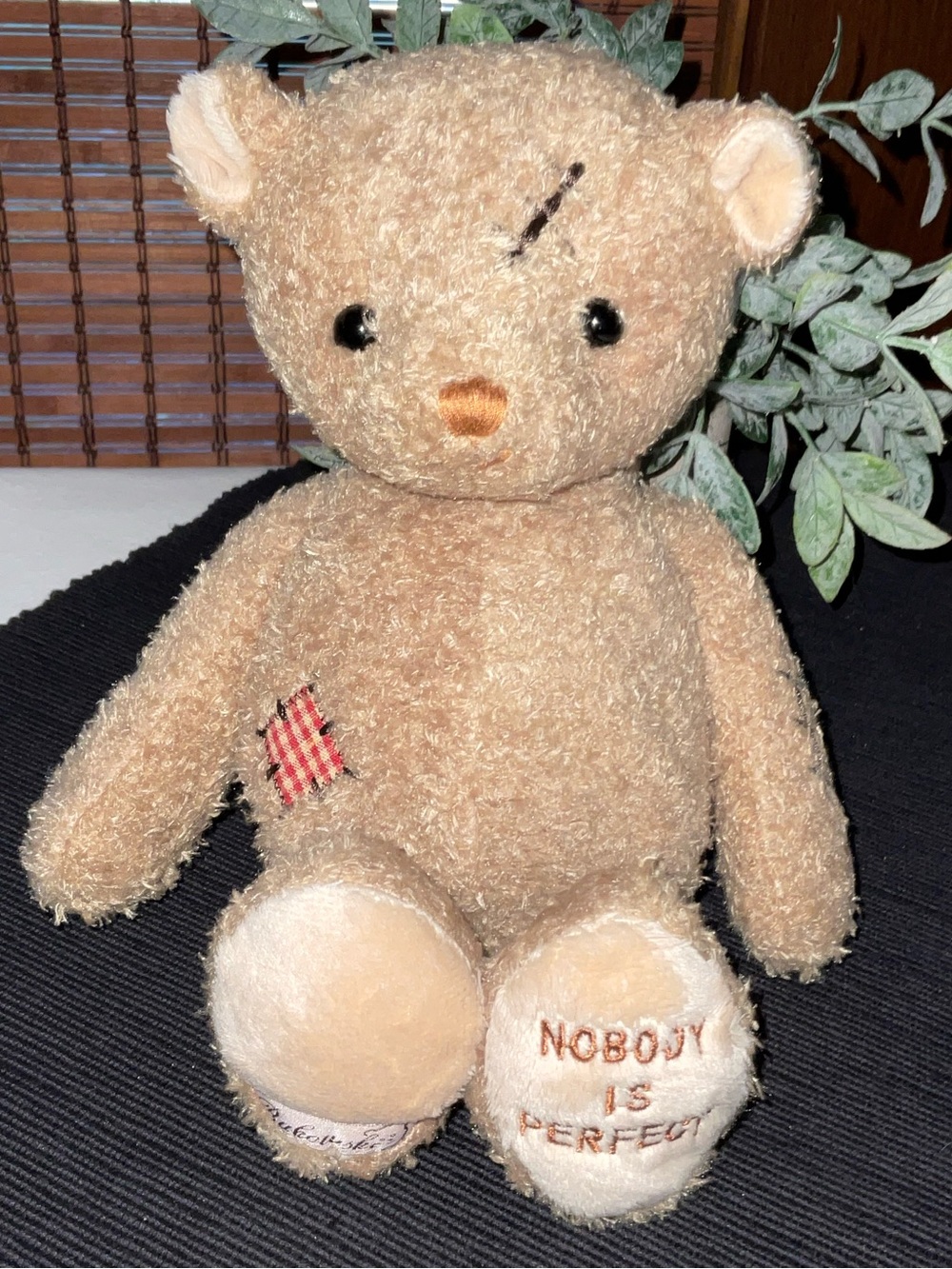 Light Beige Plush Teddy Bear with 'Nobody Is Perfect' Embroidered Foot
